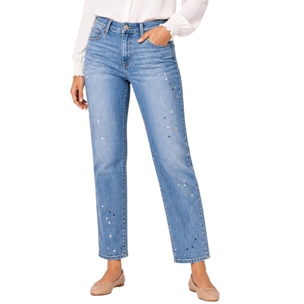 PAIGE Jeans Womens 32‎ Blue Paint Splatter Slim Straight Leg Denim